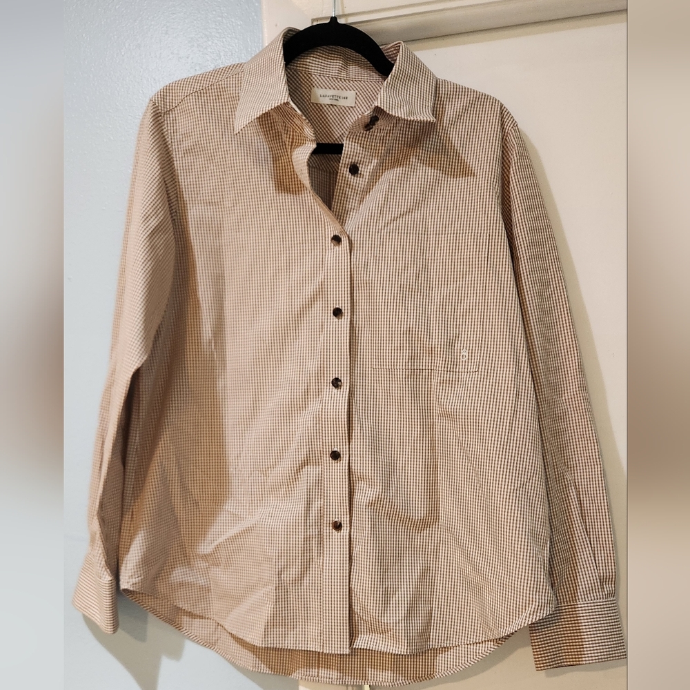 Women's Lafayette 148 Brown/Tan Striped Button Down Shirt, size M - Picture 4 of 10